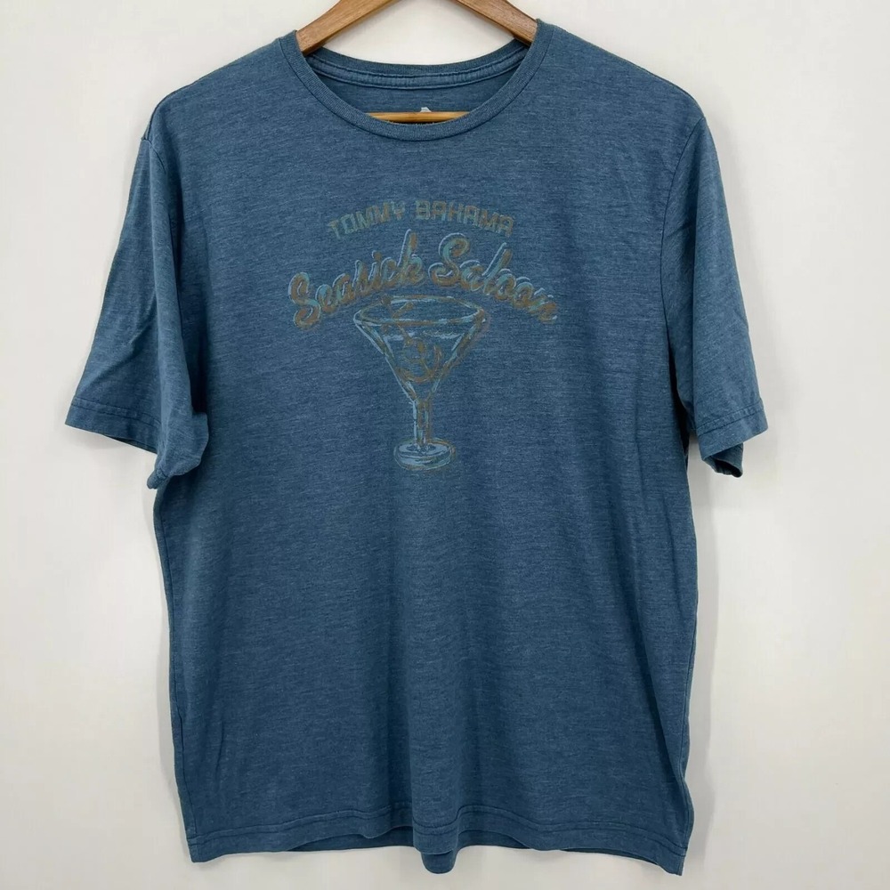 Tommy Bahama Seasick Saloon Mens Large Blue Graphic T-Shirt Short Sleeve